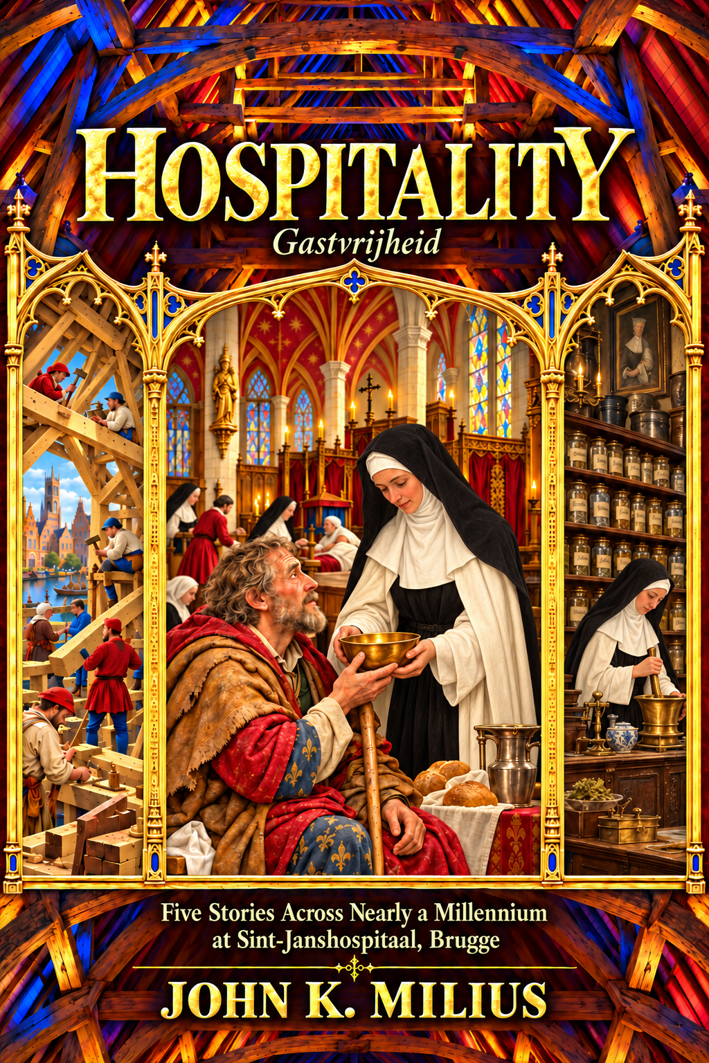 Hospitality by John K. Milius: a gold-framed triptych centered on a hospital sister offering a bowl to a traveler beneath illuminated oak rafters